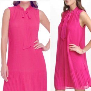 open lace back dress London Times Pleated Jewel Neck Cuffed Long Sleeve Belted Shift Dress